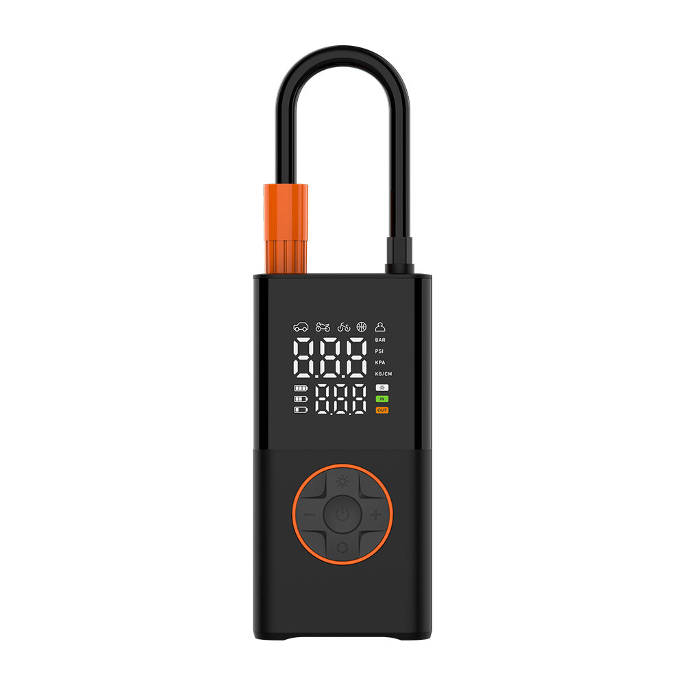 Portable mini self-propelled electric tire inflator pump and handheld wireless charging.