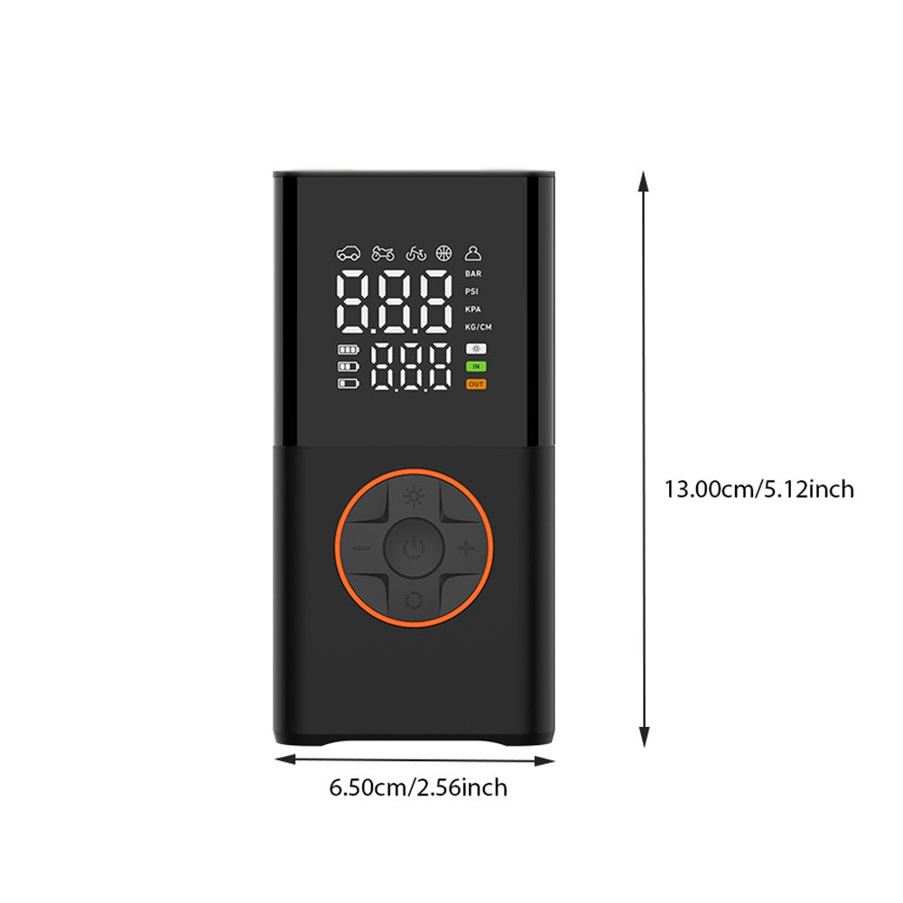 Portable mini self-propelled electric tire inflator pump and handheld wireless charging.