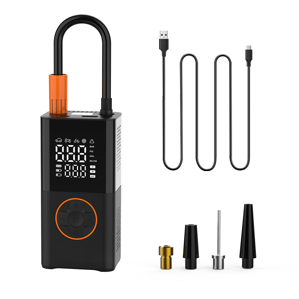 Portable mini self-propelled electric tire inflator pump and handheld wireless charging.