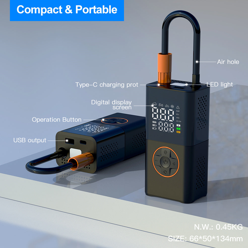 Portable mini self-propelled electric tire inflator pump and handheld wireless charging.