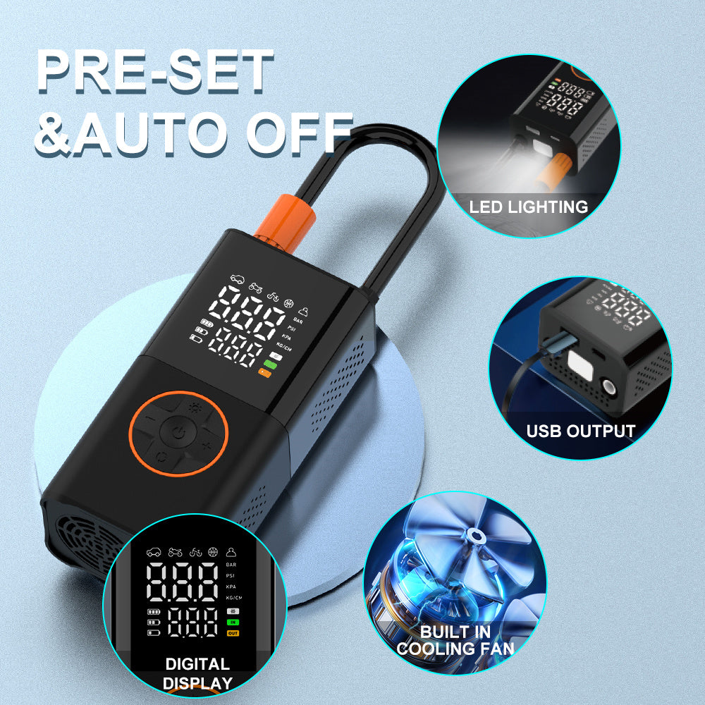 Portable mini self-propelled electric tire inflator pump and handheld wireless charging.