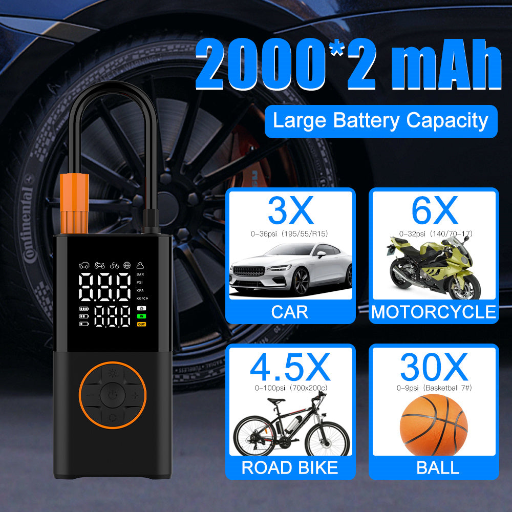Portable mini self-propelled electric tire inflator pump and handheld wireless charging.