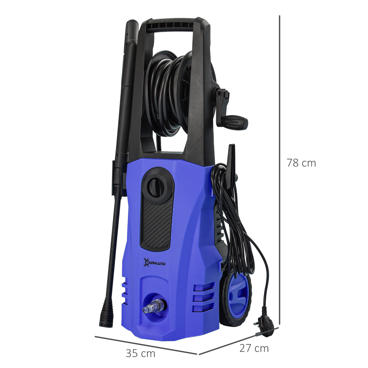 Blue pressure washer with black hose reel on a white background
