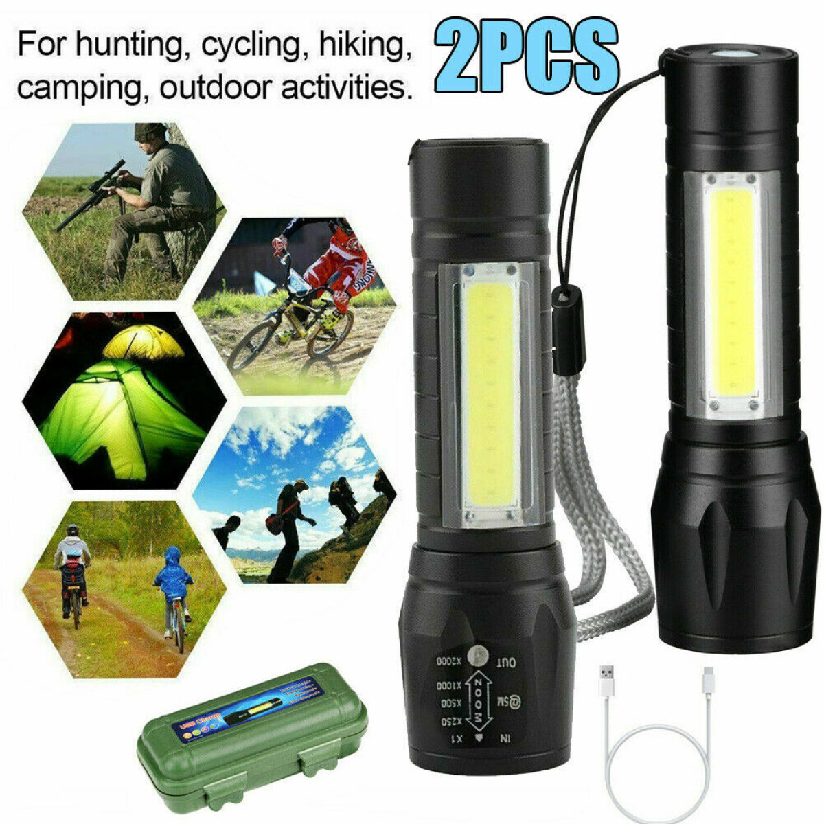 2-Pack Ultra-Bright LED Rechargeable Flashlight Set – Portable COB Work Light & Tactical Torch