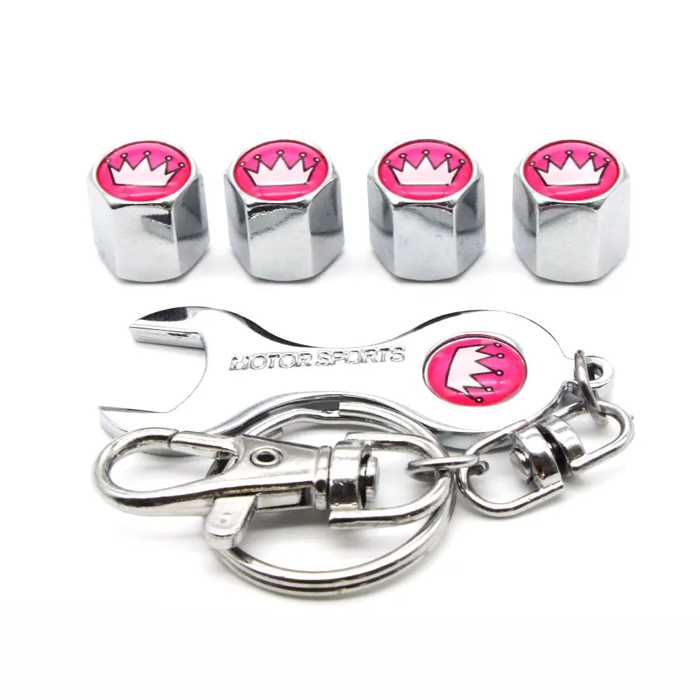 Anti-Theft Metal Tire Valve Caps with Integrated Wrench Keychain - Universal Fit