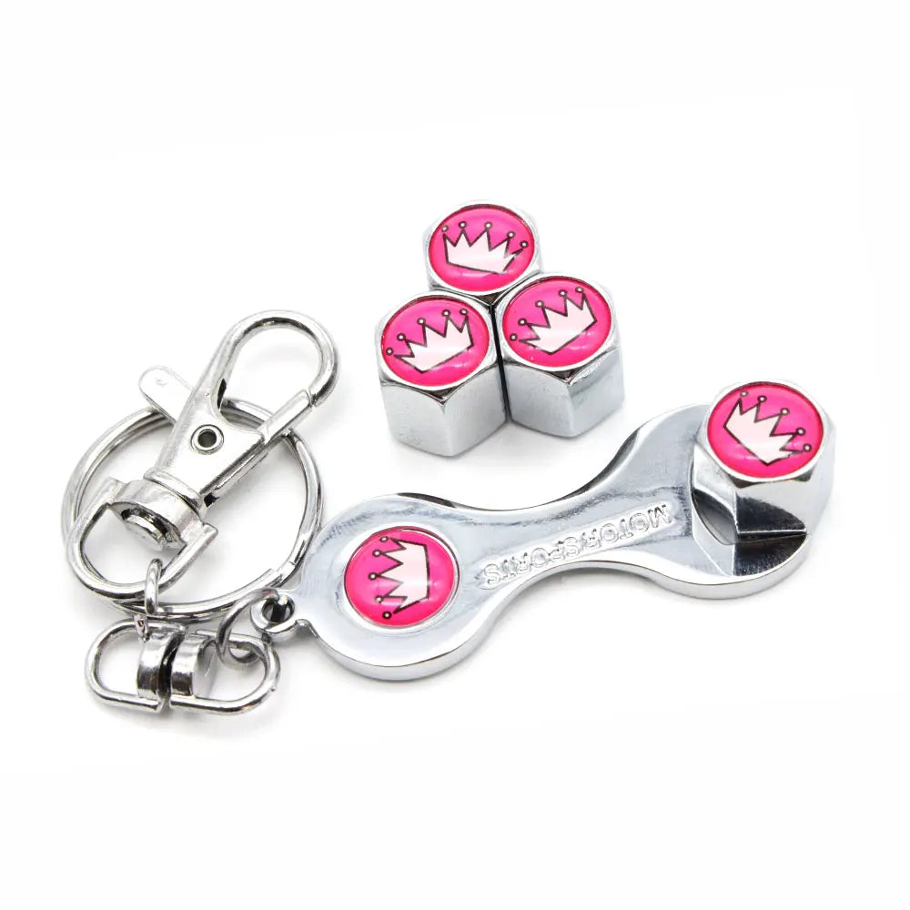 Anti-Theft Metal Tire Valve Caps with Integrated Wrench Keychain - Universal Fit