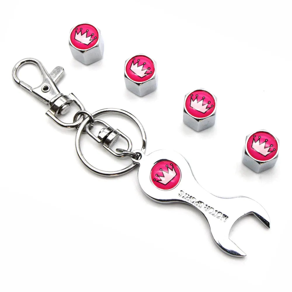 Anti-Theft Metal Tire Valve Caps with Integrated Wrench Keychain - Universal Fit