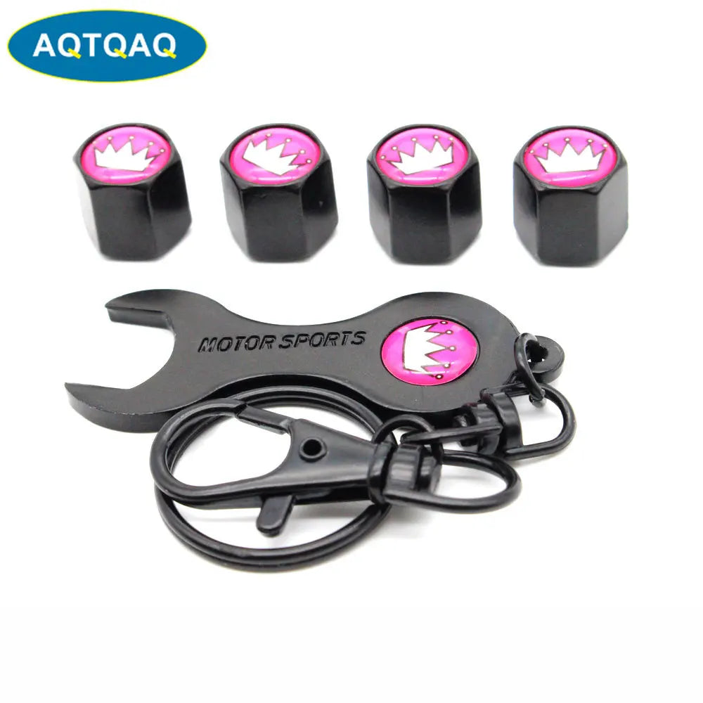 Anti-Theft Metal Tire Valve Caps with Integrated Wrench Keychain - Universal Fit