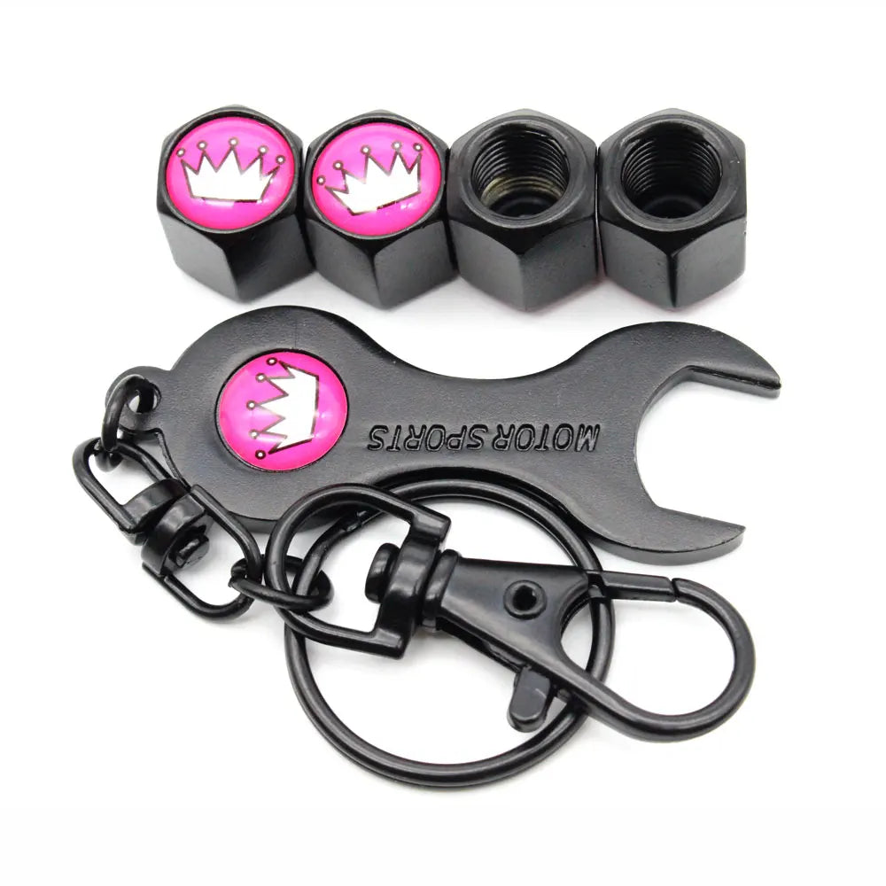 Anti-Theft Metal Tire Valve Caps with Integrated Wrench Keychain - Universal Fit