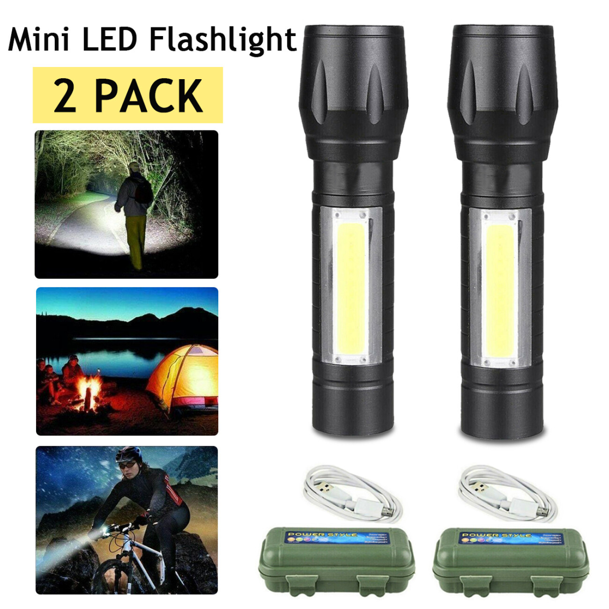 2-Pack Ultra-Bright LED Rechargeable Flashlight Set – Portable COB Work Light & Tactical Torch