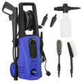Blue pressure washer with various nozzles on a white background